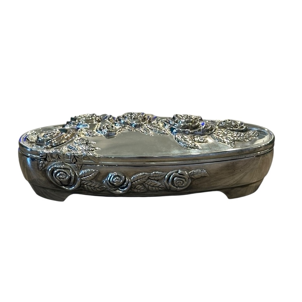 Vintage Godinger Silver Plated Oval Rose Filagree Ornate Jewelry/Trinket Box